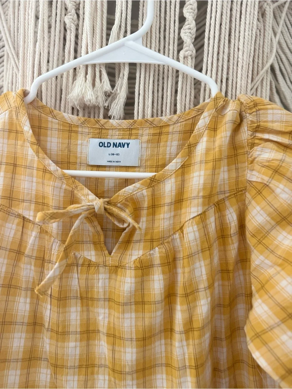 Old Navy Mustard Yellow Plaid Tie-Neck Puff Sleeve Dress